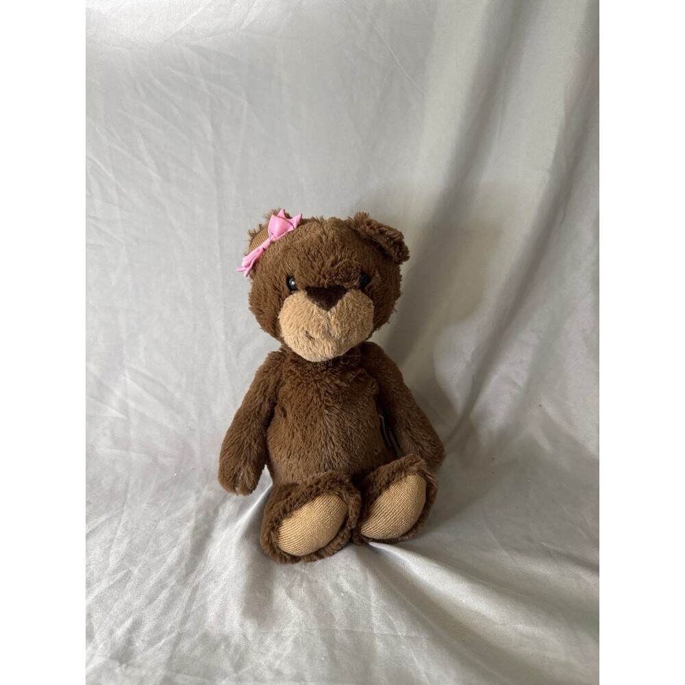 Hallmark Teddy Bear dark brown pink bow Plush 13" laying flat beanie bottom